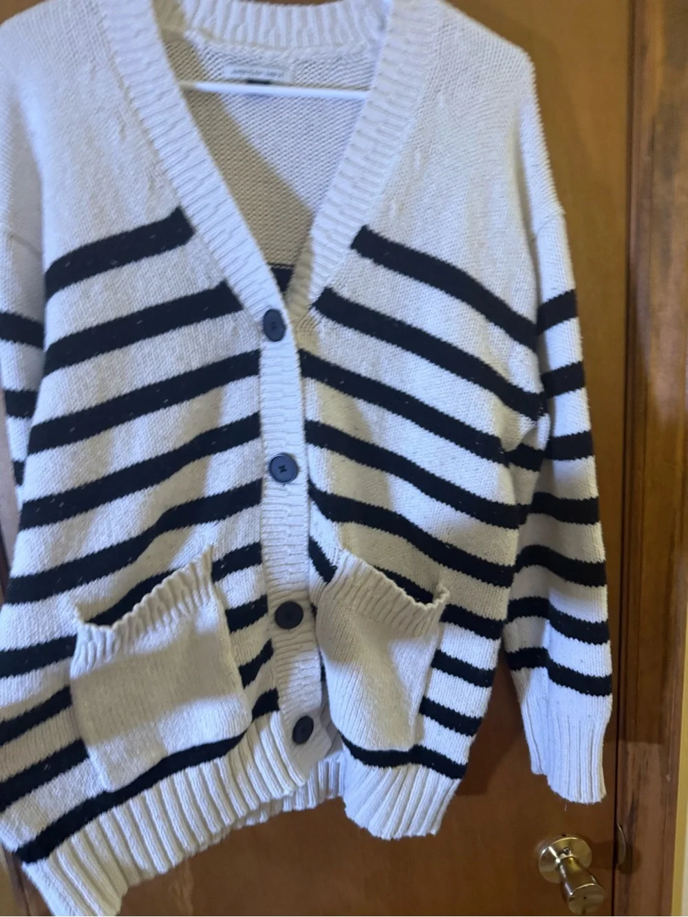 Striped V-Neck Button Front Cardigan Sweater - Cream & Black American Eagle